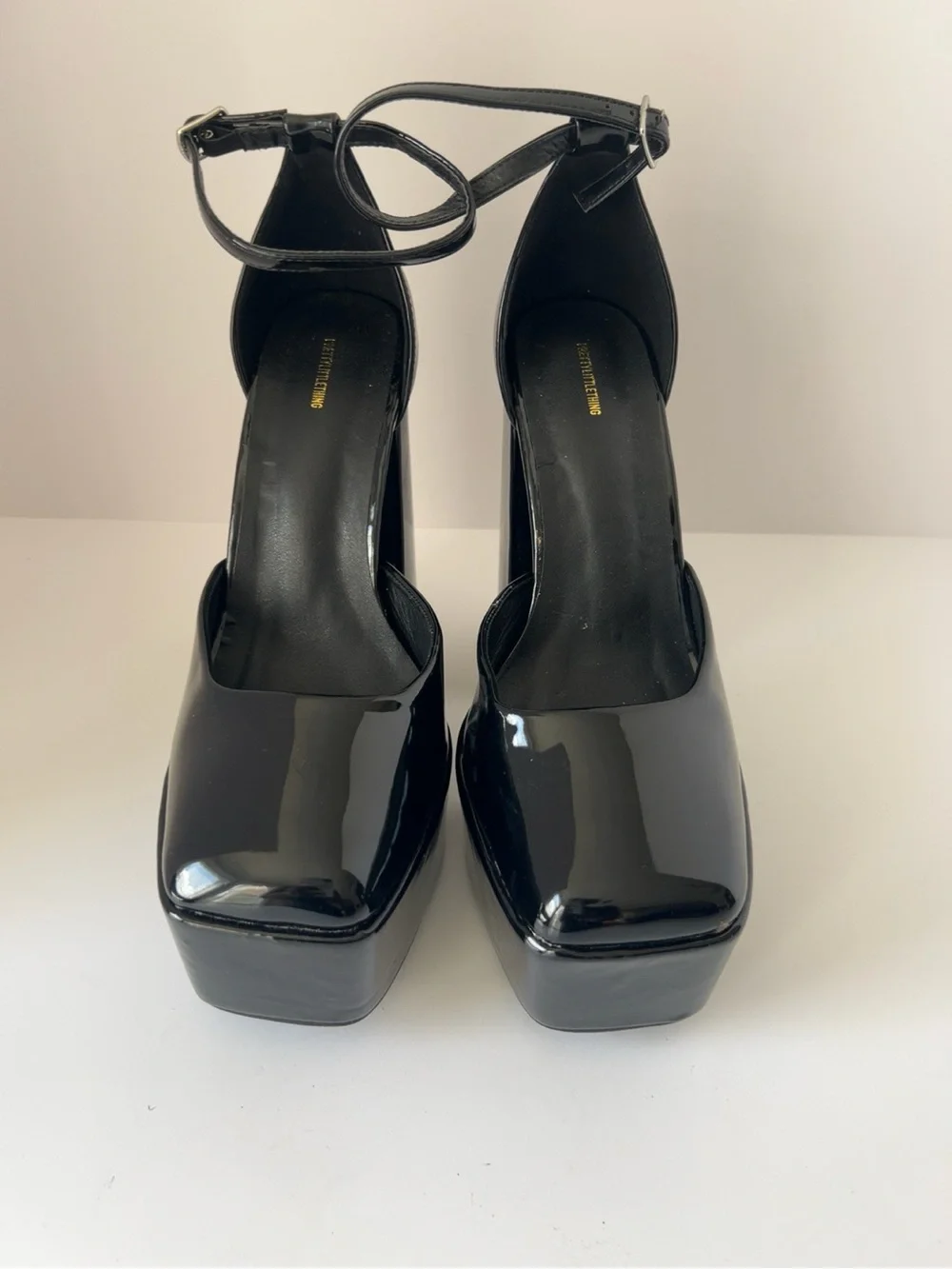 PrettyLittleThing Black Patent Platform Block Heels Ankle Strap Size 6